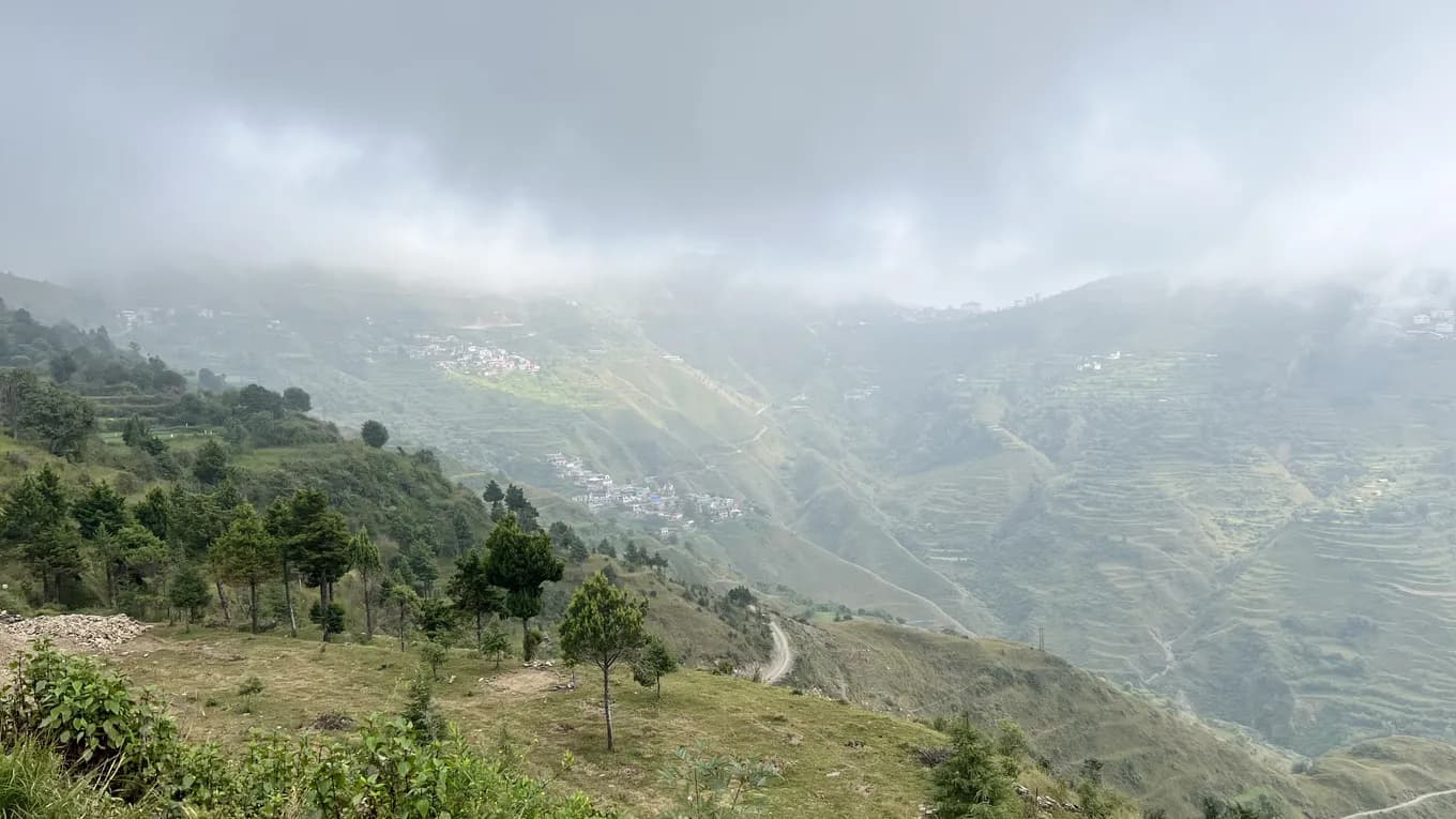 Terraced hillsides and a village under low cloud, seen from a pine-covered ridge at Chakrata.