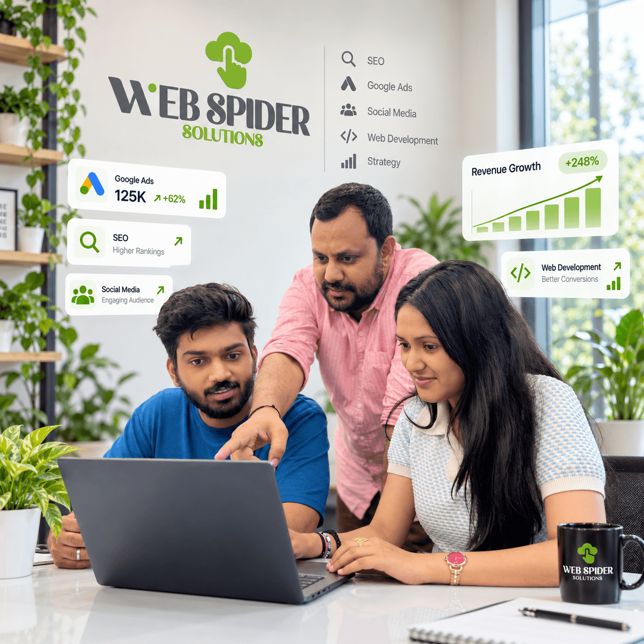 The Web Spider Solutions team reviewing campaign dashboards for revenue growth, SEO rankings and paid media performance