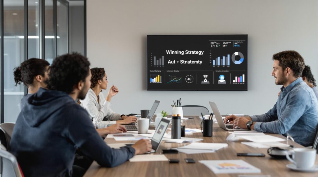 Business team collaborating on content marketing strategy with strategy charts displayed