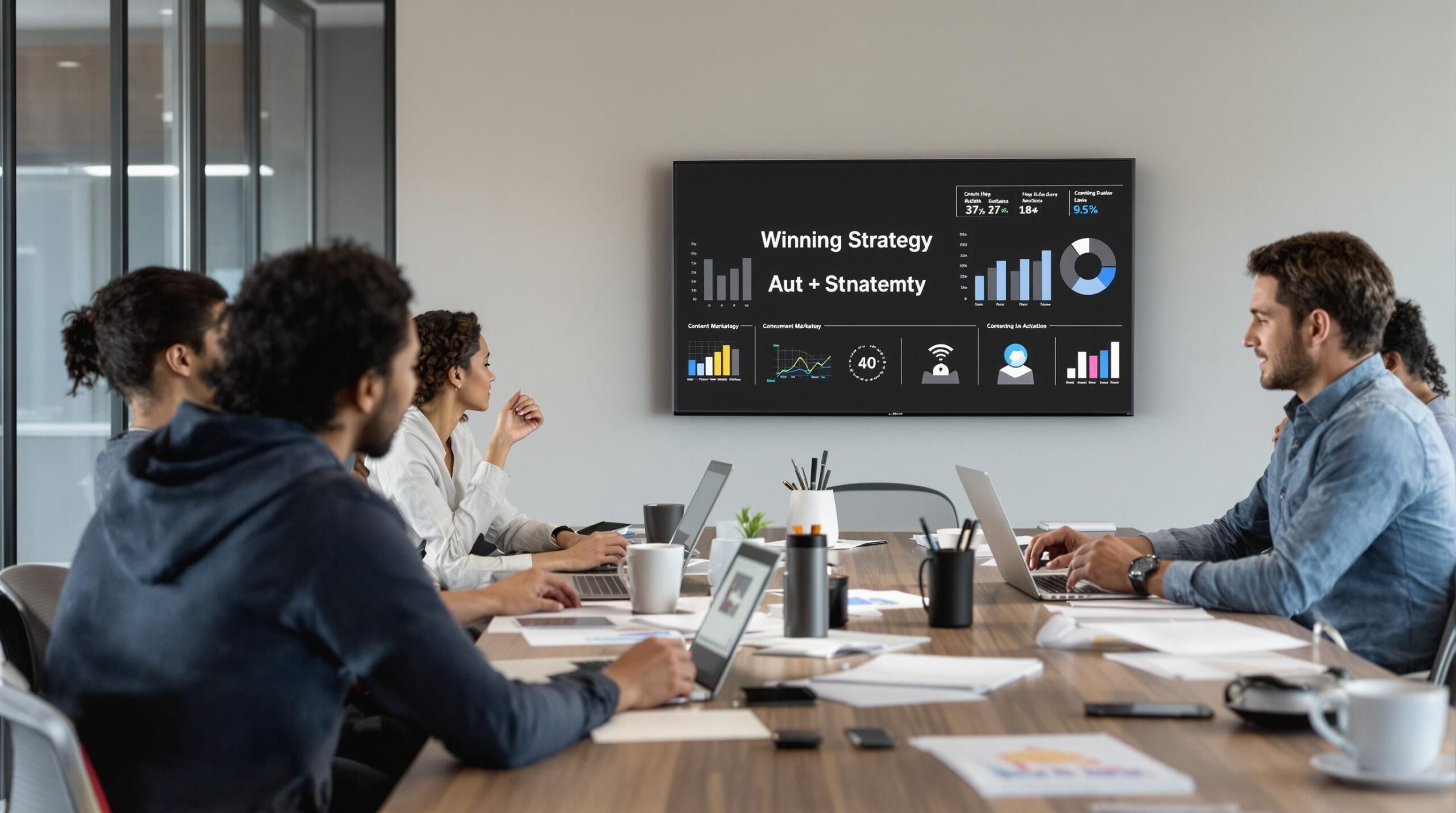 Business team collaborating on content marketing strategy with strategy charts displayed