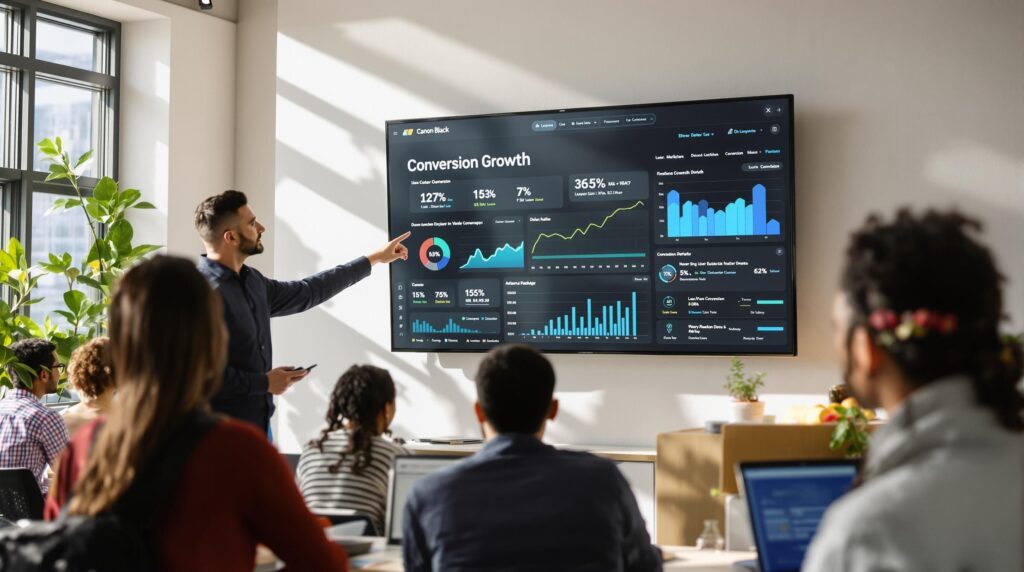 Business team reviews conversion growth data on office screen