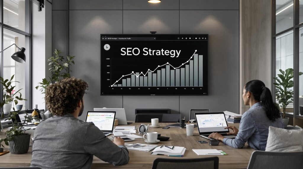 Marketing team discussing SEO strategy with analytics displayed in office
