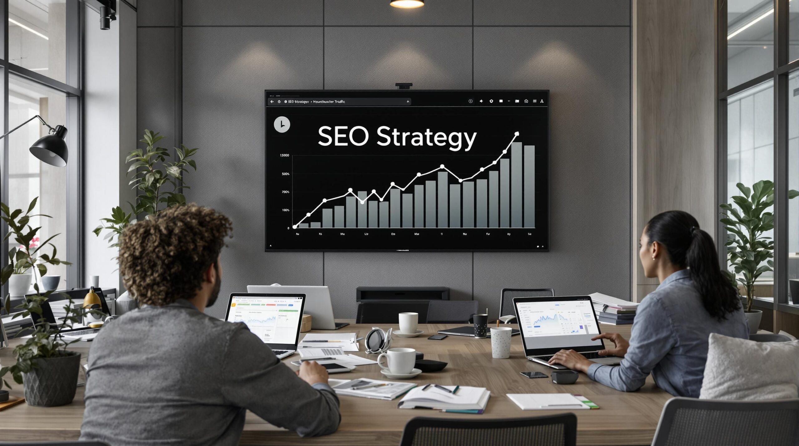 Marketing team discussing SEO strategy with analytics displayed in office