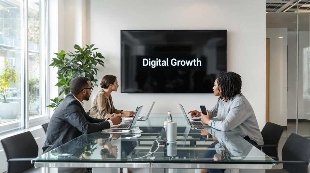 Business team collaborating on digital marketing strategy with 'Digital Growth' on screen