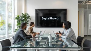 Business team collaborating on digital marketing strategy with 'Digital Growth' on screen