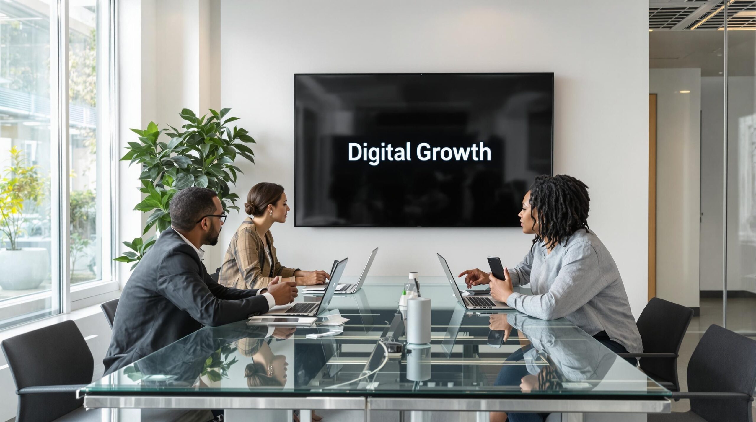 Business team collaborating on digital marketing strategy with 'Digital Growth' on screen
