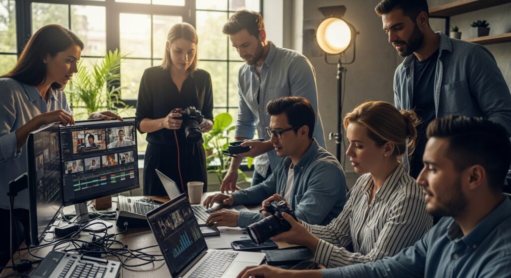 video marketing teamwork, business video strategy, marketing office