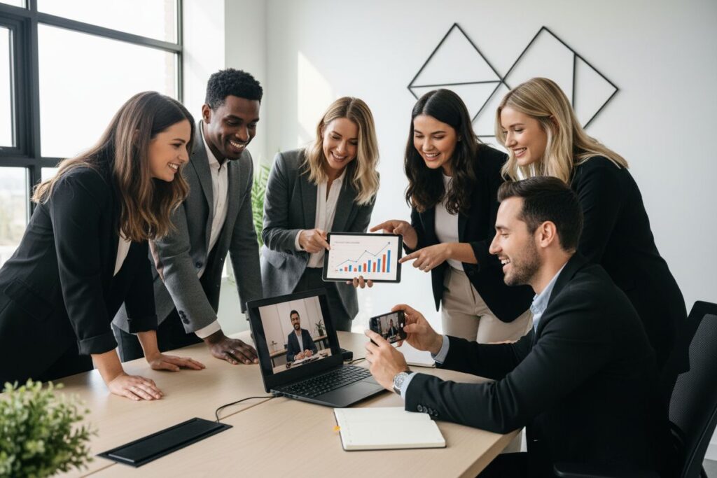 video marketing, business teamwork, office collaboration