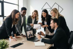 video marketing, business teamwork, office collaboration
