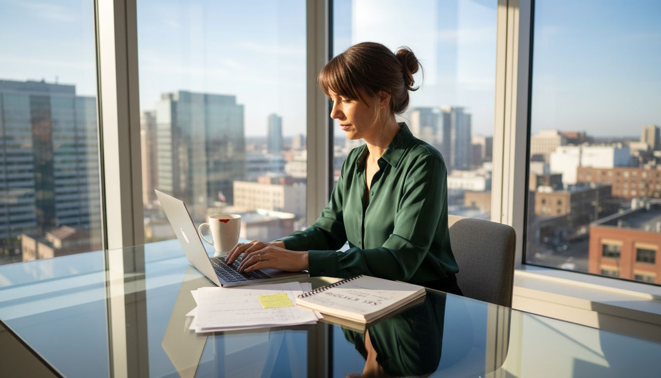 Woman writing SEO content at desk in city office