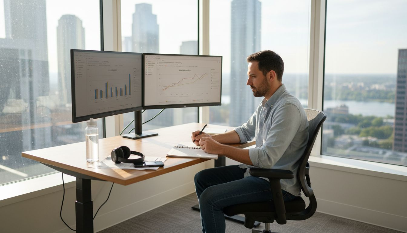 Marketer analyzing SaaS ad ROI at desk