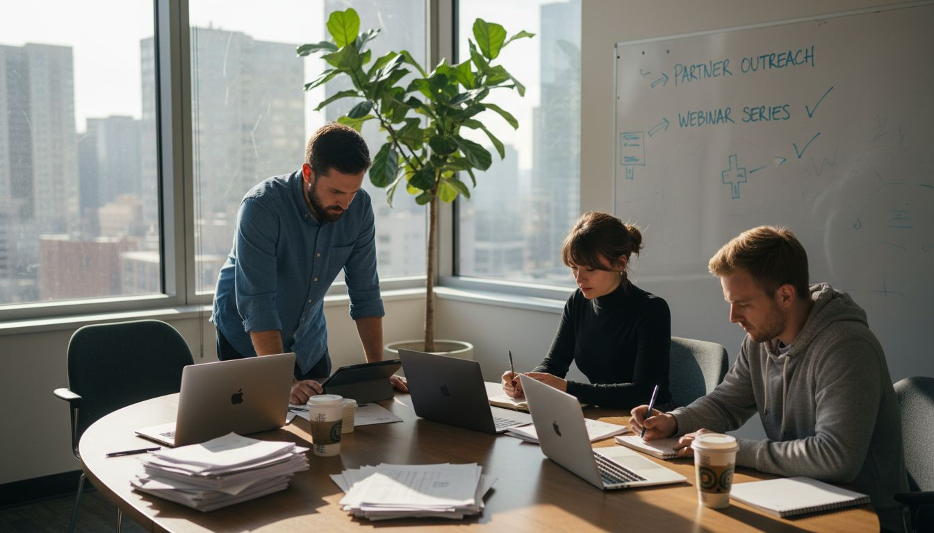 SaaS marketers collaborating in bright office