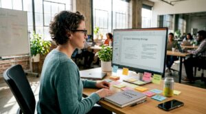Marketer analyzing repurposing tactics at her desk