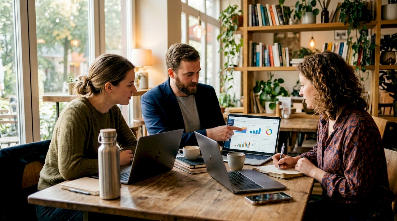 Team discusses data at glass-walled office table