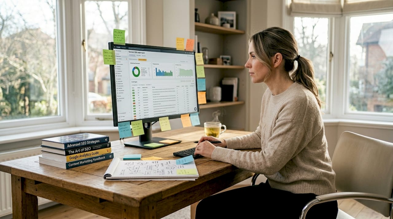 Marketing professional reviewing SEO audit at desk