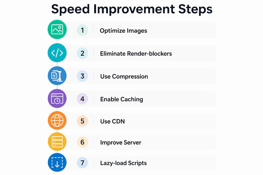 Infographic illustrating steps to improve website speed